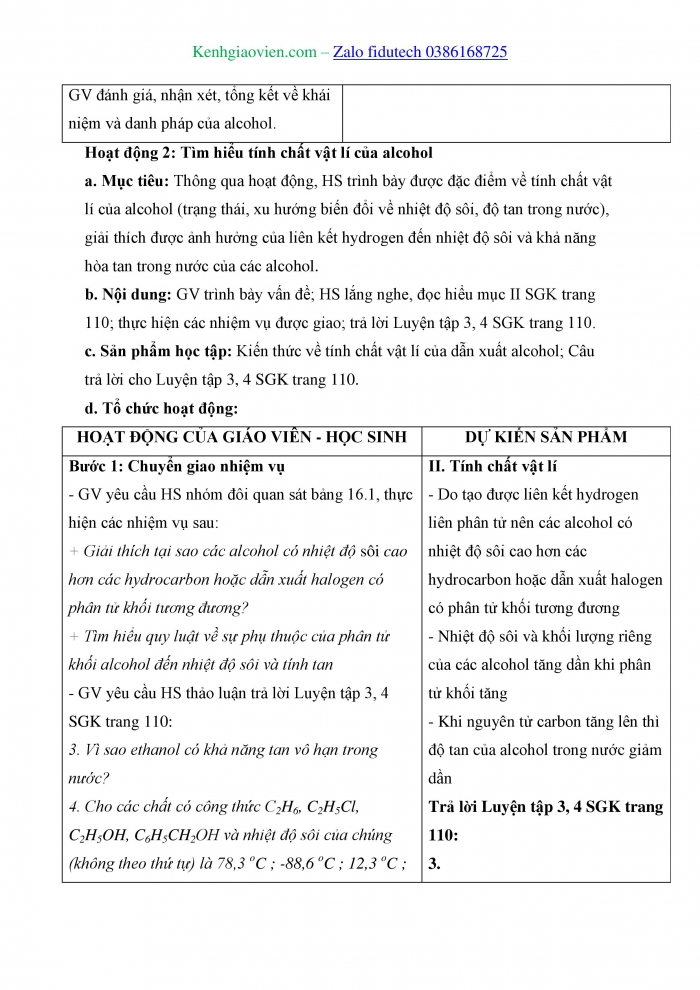 Giáo án và PPT Hoá học 11 cánh diều Bài 16: Alcohol