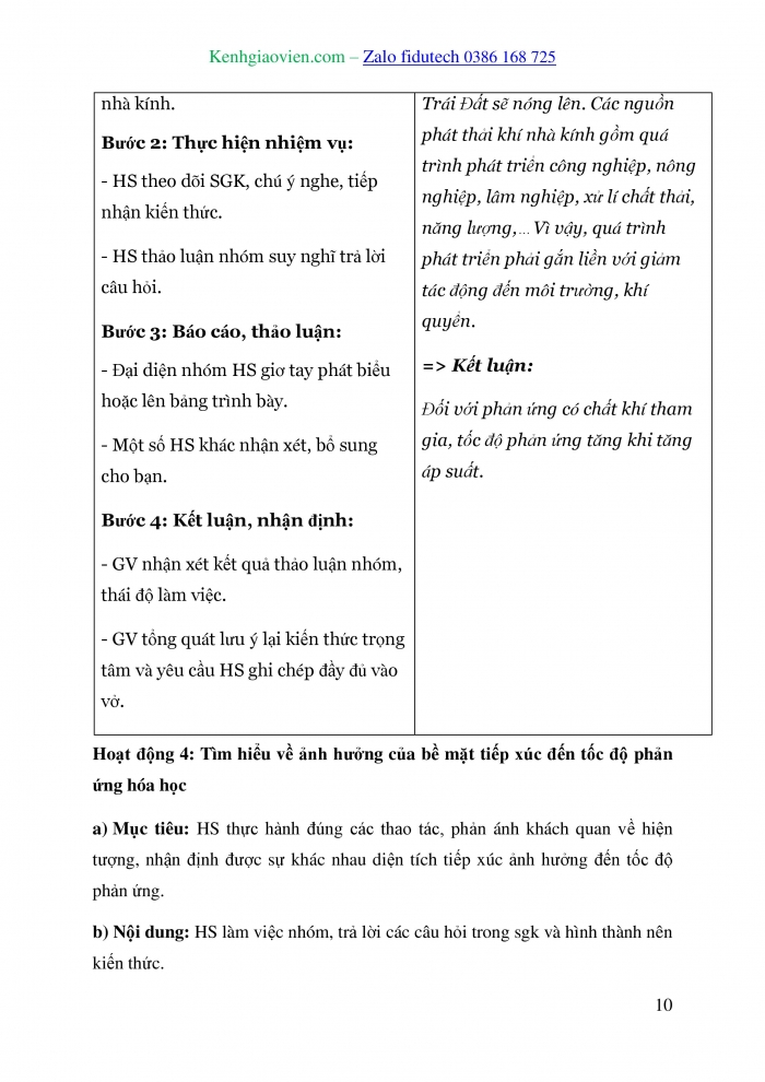 Giáo án và PPT Hoá học 10 chân trời Bài 16: Các yếu tố ảnh hưởng đến tốc độ phản ứng hoá học