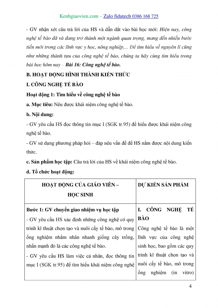 Giáo án và PPT Sinh học 10 cánh diều Bài 16: Công nghệ tế bào