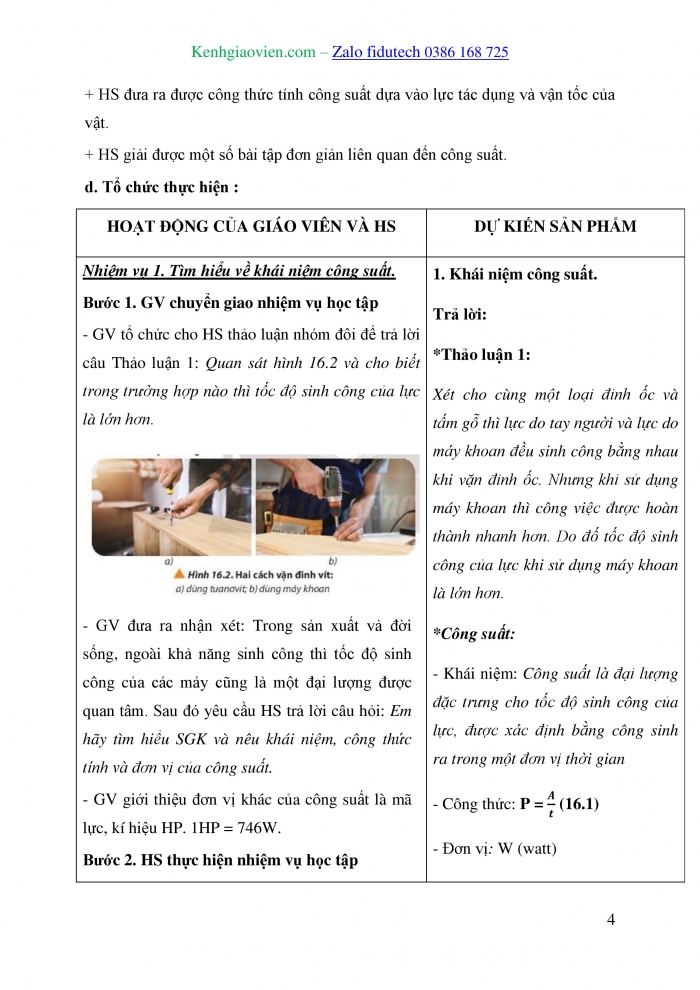 Giáo án và PPT Vật lí 10 chân trời Bài 16: Công suất – Hiệu suất