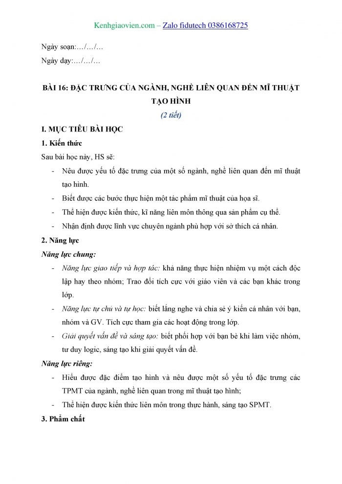 Giáo án và PPT Mĩ thuật 8 kết nối Bài 16: Đặc trưng của ngành, nghề liên quan đến mĩ thuật tạo hình