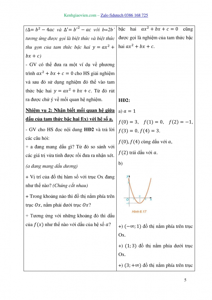 Giáo án và PPT Toán 10 kết nối Bài 17: Dấu của tam thức bậc hai