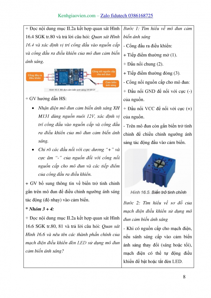 Giáo án và PPT Công nghệ 8 kết nối Bài 16: Mạch điện điều khiển sử dụng mô đun cảm biến