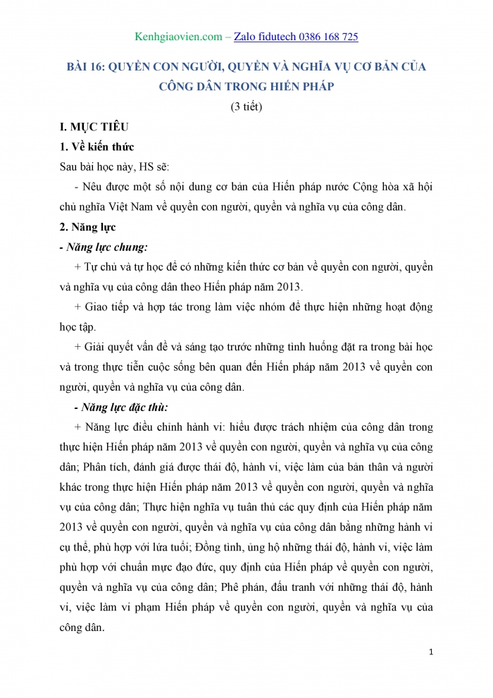Giáo án và PPT Kinh tế pháp luật 10 kết nối Bài 16: Quyền con người, quyền và nghĩa vụ cơ bản của công dân trong Hiến pháp