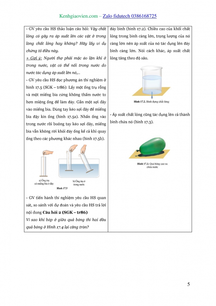 Giáo án và PPT KHTN 8 cánh diều Bài 17: Áp suất chất lỏng và chất khí