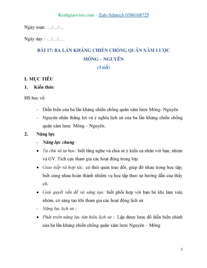 Giáo án và PPT Lịch sử 7 chân trời Bài 17: Ba lần kháng chiến chống quân xâm lược Mông - Nguyên