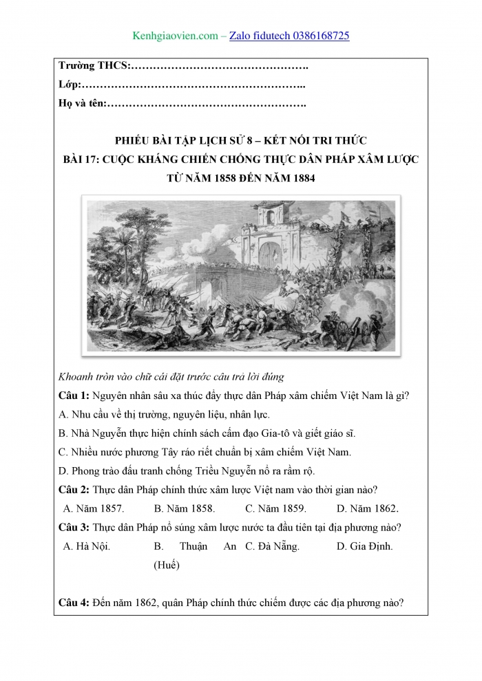 Giáo án và PPT Lịch sử 8 kết nối Bài 17: Cuộc kháng chiến chống thực dân Pháp xâm lược từ năm 1858 đến năm 1884