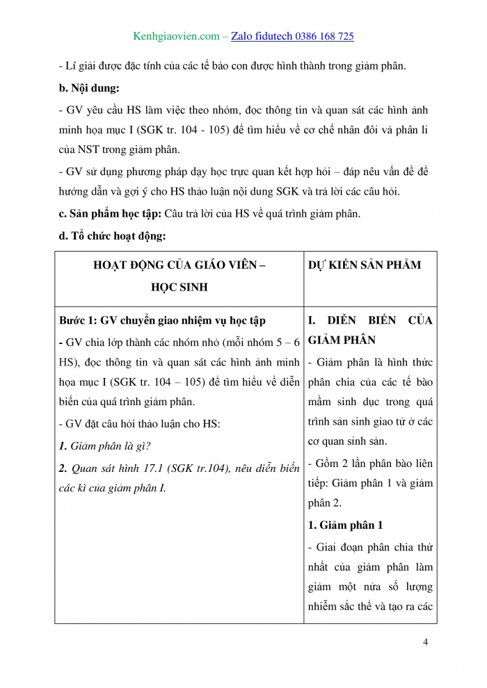 Giáo án và PPT Sinh học 10 kết nối Bài 17: Giảm phân