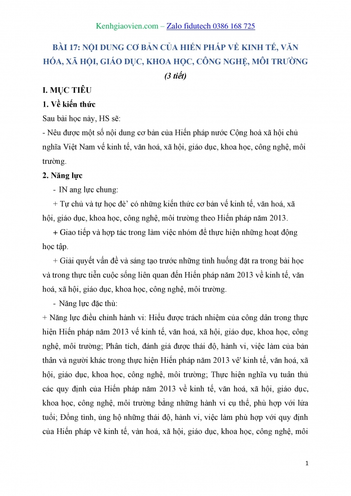 Giáo án và PPT Kinh tế pháp luật 10 kết nối Bài 17: Nội dung cơ bản của Hiến pháp về kinh tế, văn hoá, xã hội, giáo dục, khoa học, công nghệ, môi trường