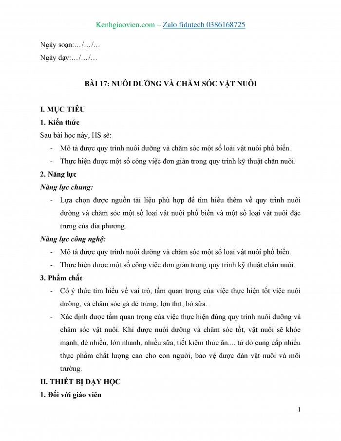 Giáo án và PPT Công nghệ chăn nuôi 11 kết nối Bài 17: Nuôi dưỡng và chăm sóc vật nuôi