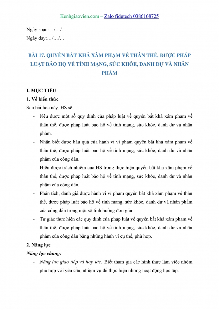 Giáo án và PPT Kinh tế pháp luật 11 cánh diều Bài 17: Quyền bất khả xâm phạm về thân thể, được pháp luật bảo hộ về tính mạng, sức khỏe, danh dự và nhân phẩm