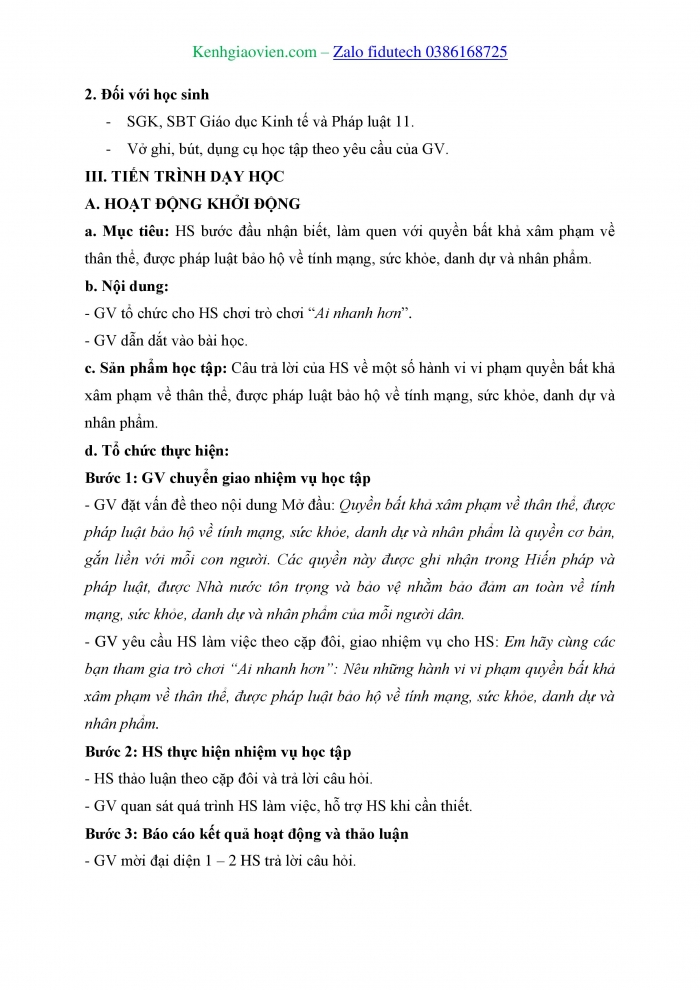 Giáo án và PPT Kinh tế pháp luật 11 cánh diều Bài 17: Quyền bất khả xâm phạm về thân thể, được pháp luật bảo hộ về tính mạng, sức khỏe, danh dự và nhân phẩm