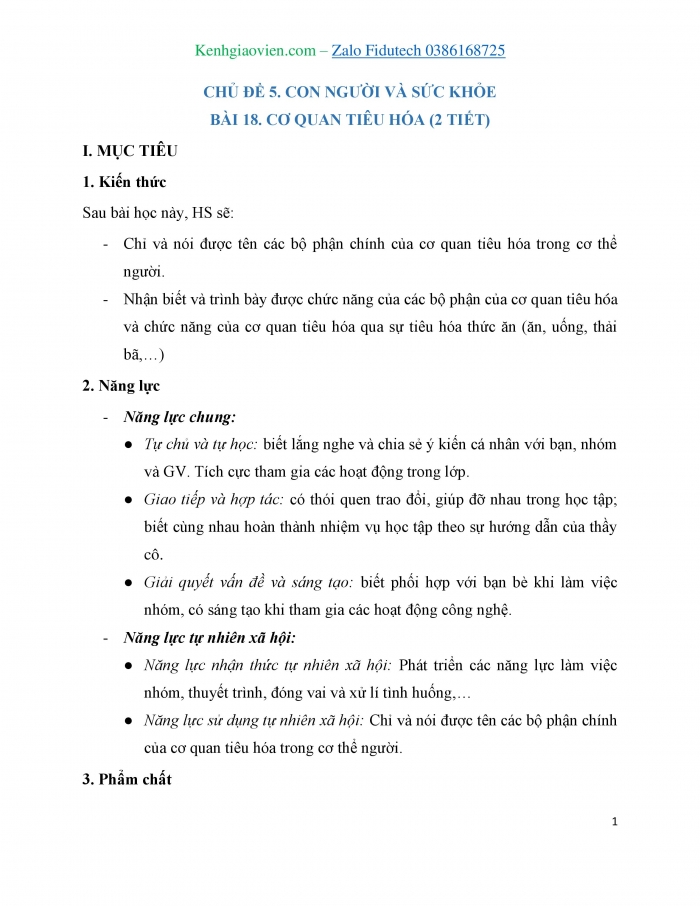 Giáo án và PPT Tự nhiên và Xã hội 3 kết nối Bài 18: Cơ quan tiêu hoá