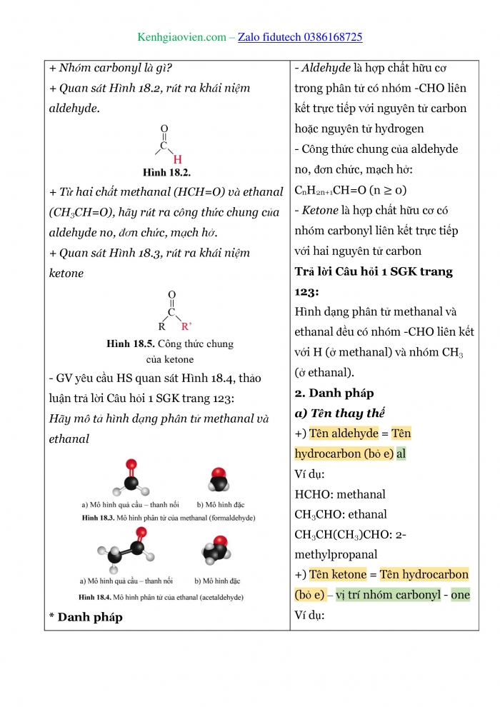 Giáo án và PPT Hoá học 11 cánh diều Bài 18: Hợp chất carbonyl