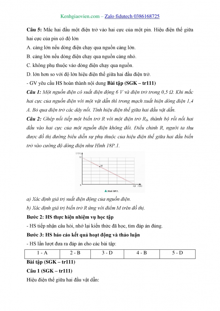 Giáo án và PPT Vật lí 11 chân trời Bài 18: Nguồn điện