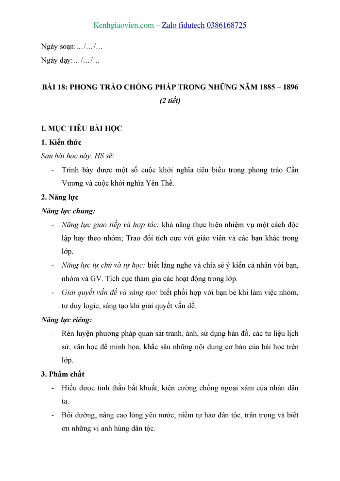 Giáo án và PPT Lịch sử 8 kết nối Bài 18: Phong trào chống Pháp trong những năm 1885 – 1896