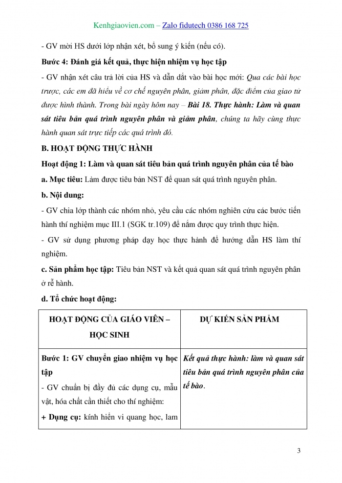 Giáo án và PPT Sinh học 10 kết nối Bài 18 Thực hành: Làm và quan sát tiêu bản quá trình nguyên phân và giảm phân