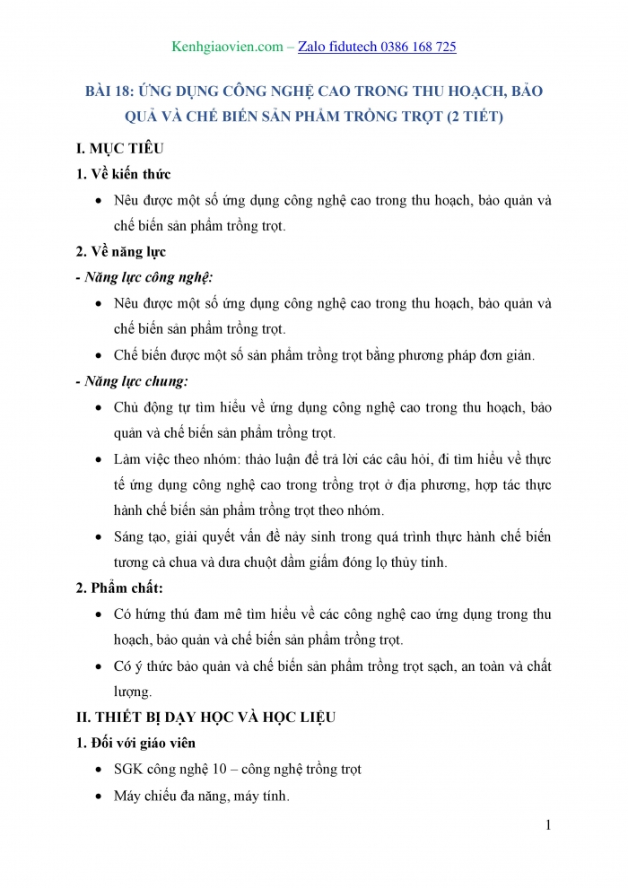 Giáo án và PPT Công nghệ trồng trọt 10 cánh diều Bài 18: Ứng dụng công nghệ cao trong thu hoạch, bảo quản và chế biến sản phẩm trồng trọt