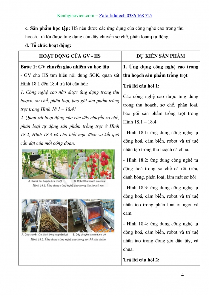 Giáo án và PPT Công nghệ trồng trọt 10 cánh diều Bài 18: Ứng dụng công nghệ cao trong thu hoạch, bảo quản và chế biến sản phẩm trồng trọt