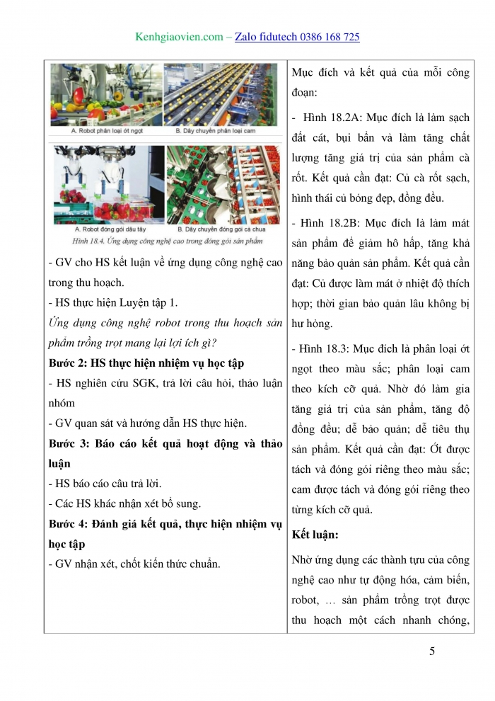 Giáo án và PPT Công nghệ trồng trọt 10 cánh diều Bài 18: Ứng dụng công nghệ cao trong thu hoạch, bảo quản và chế biến sản phẩm trồng trọt