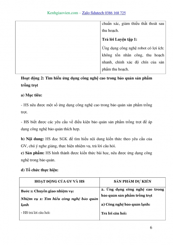 Giáo án và PPT Công nghệ trồng trọt 10 cánh diều Bài 18: Ứng dụng công nghệ cao trong thu hoạch, bảo quản và chế biến sản phẩm trồng trọt