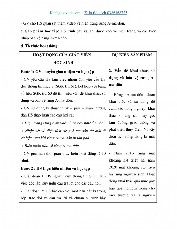 Giáo án và PPT Địa lí 7 chân trời Bài 18: Vấn đề khai thác, sử dụng và bảo vệ rừng A-ma-dôn