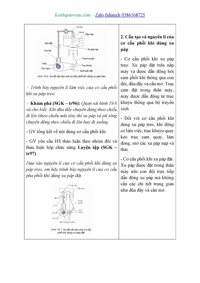 Giáo án và PPT Công nghệ cơ khí 11 kết nối Bài 19: Các cơ cấu trong động cơ đốt trong