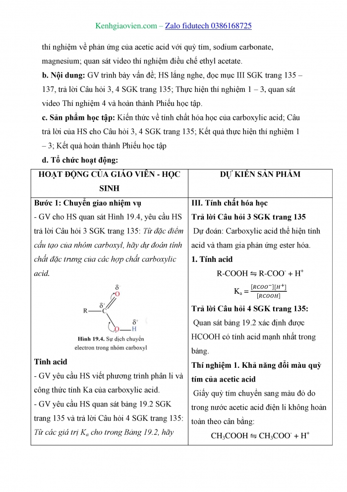 Giáo án và PPT Hoá học 11 cánh diều Bài 19: Carboxylic acid