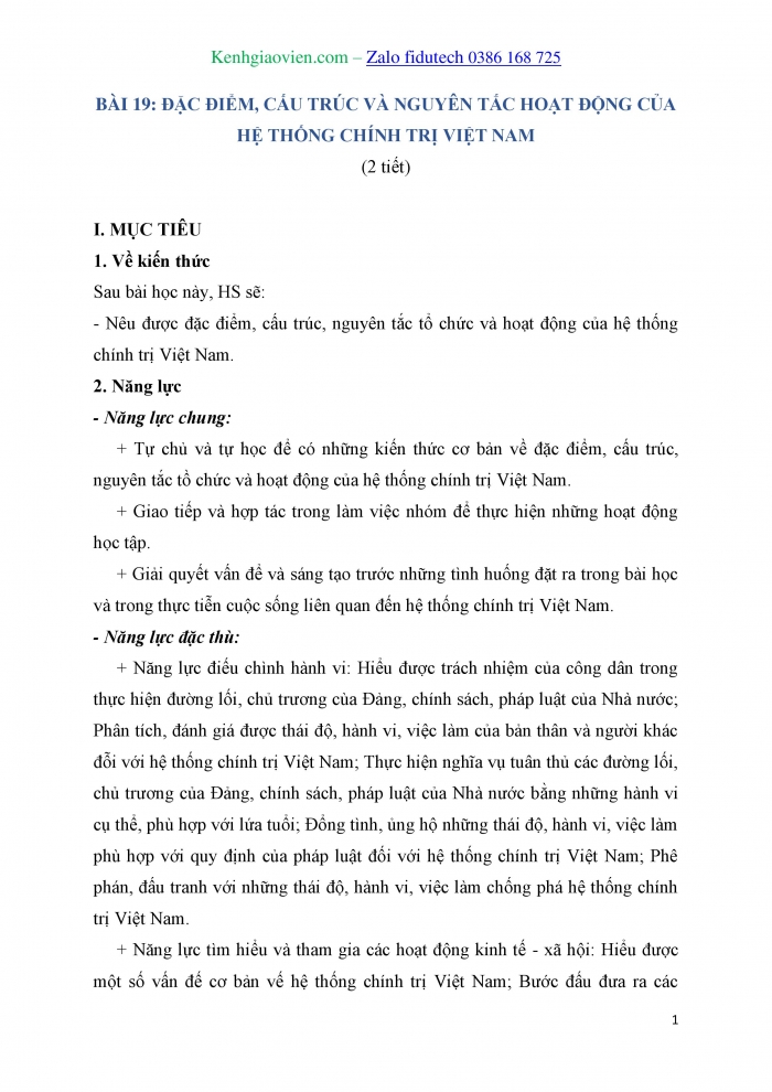 Giáo án và PPT Kinh tế pháp luật 10 kết nối Bài 19: Đặc điểm, cấu trúc và nguyên tắc hoạt động của hệ thống chính trị Việt Nam