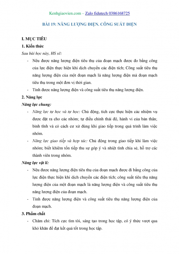 Giáo án và PPT Vật lí 11 chân trời Bài 19: Năng lượng điện. Công suất điện