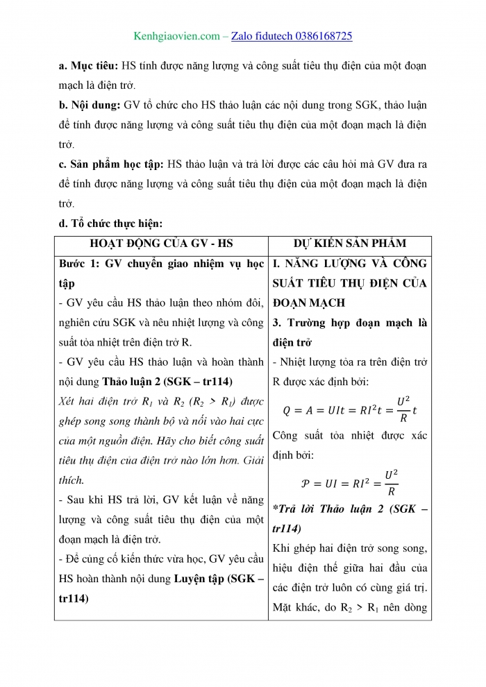 Giáo án và PPT Vật lí 11 chân trời Bài 19: Năng lượng điện. Công suất điện