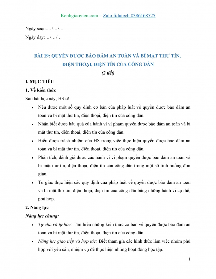 Giáo án và PPT Kinh tế pháp luật 11 kết nối Bài 19: Quyền được đảm bảo an toàn và bí mật thư tín, điện thoại, điện tín của công dân