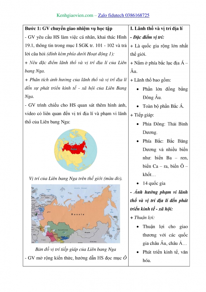 Giáo án và PPT Địa lí 11 chân trời Bài 19: Vị trí địa lí, điều kiện tự nhiên, dân cư và xã hội Liên bang Nga