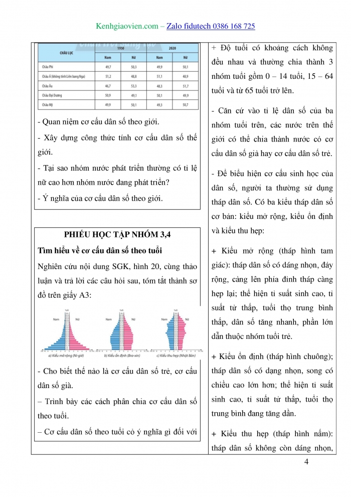 Giáo án và PPT Địa lí 10 chân trời Bài 20: Cơ cấu dân số