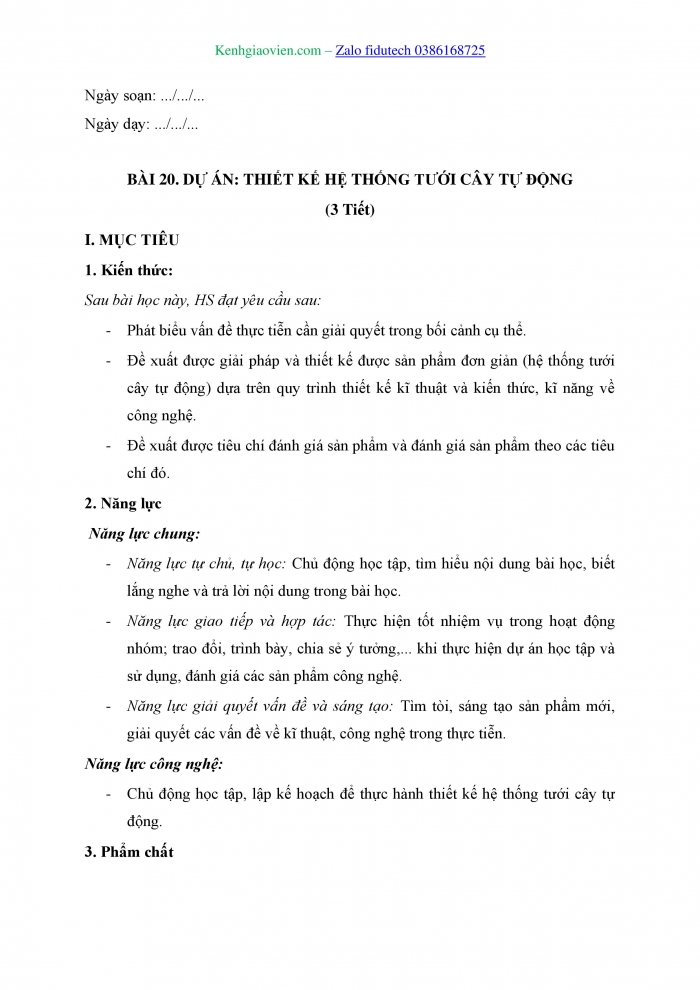 Giáo án và PPT Công nghệ 8 kết nối Bài 20: Dự án Thiết kế hệ thống tưới cây tự động