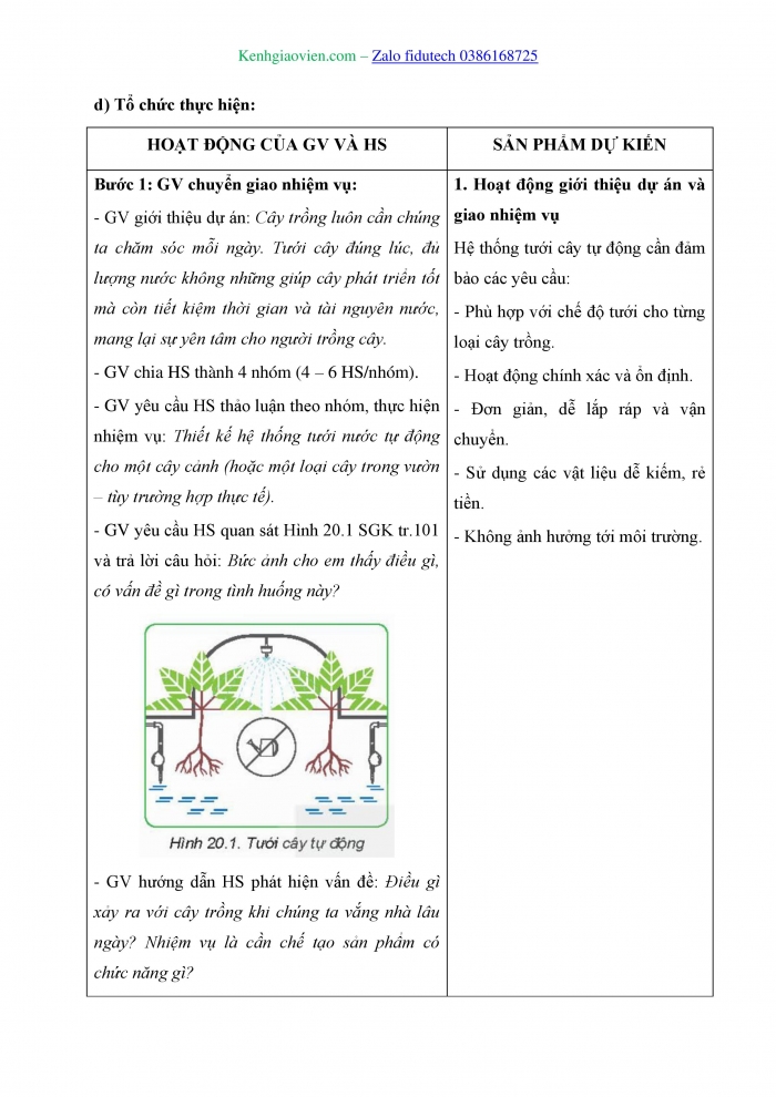 Giáo án và PPT Công nghệ 8 kết nối Bài 20: Dự án Thiết kế hệ thống tưới cây tự động