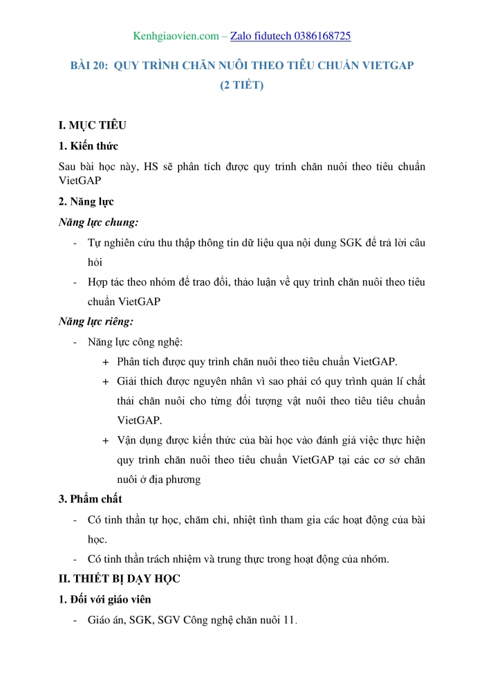 Giáo án và PPT Công nghệ chăn nuôi 11 cánh diều Bài 20: Quy trình chăn nuôi theo tiêu chuẩn VietGAP
