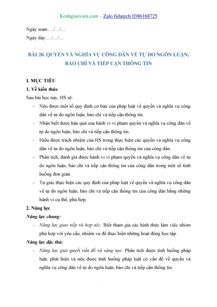 Giáo án và PPT Kinh tế pháp luật 11 cánh diều Bài 20: Quyền và nghĩa vụ công dân về tự do ngôn luận, báo chí và tiếp cận thông tin