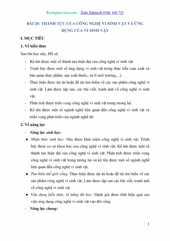 Giáo án và PPT Sinh học 10 cánh diều Bài 20: Thành tựu của công nghệ vi sinh vật và ứng dụng của vi sinh vật