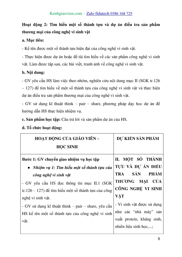 Giáo án và PPT Sinh học 10 cánh diều Bài 20: Thành tựu của công nghệ vi sinh vật và ứng dụng của vi sinh vật