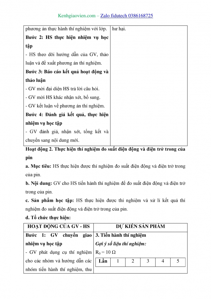 Giáo án và PPT Vật lí 11 chân trời Bài 20: Thực hành xác định suất điện động và điện trở trong của pin