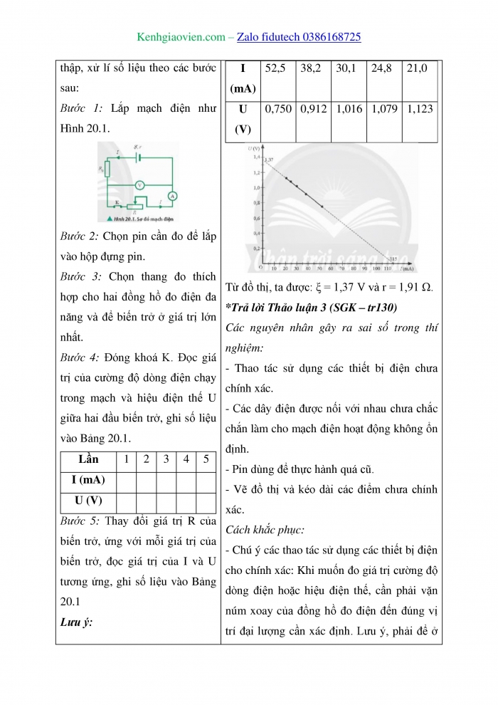 Giáo án và PPT Vật lí 11 chân trời Bài 20: Thực hành xác định suất điện động và điện trở trong của pin