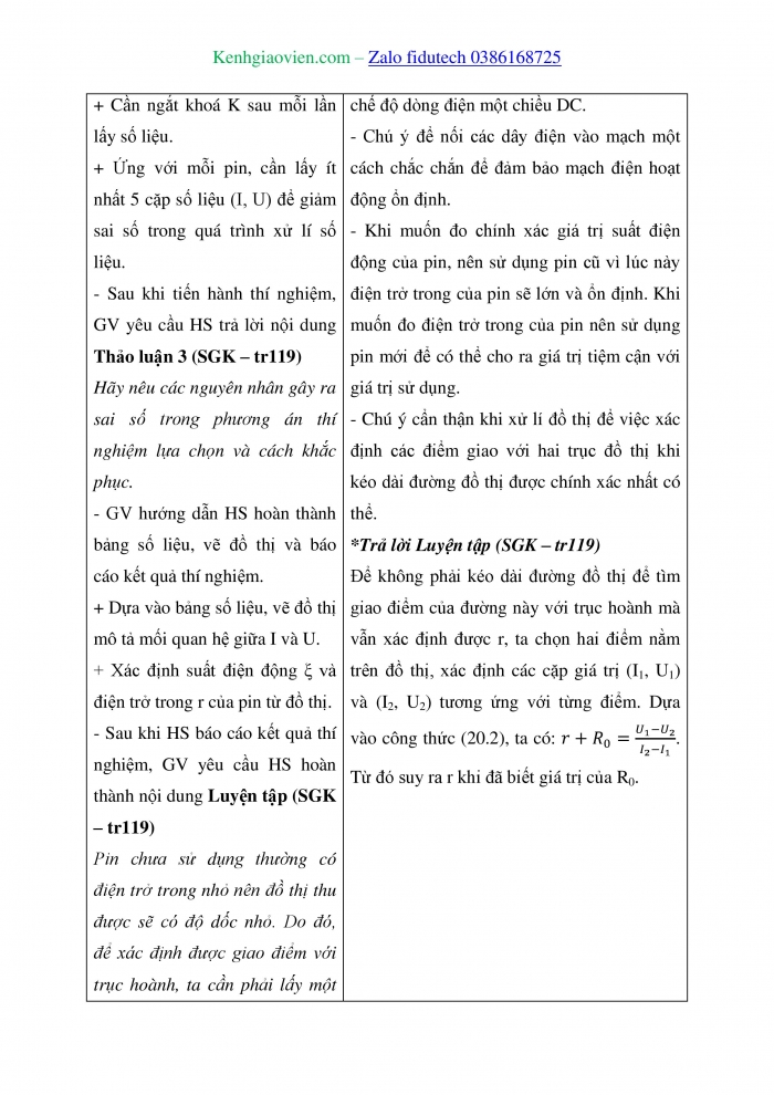 Giáo án và PPT Vật lí 11 chân trời Bài 20: Thực hành xác định suất điện động và điện trở trong của pin