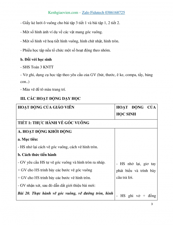 Giáo án và PPT Toán 3 kết nối Bài 20: Thực hành vẽ góc vuông, vẽ đường tròn, hình vuông, hình chữ nhật và vẽ trang trí