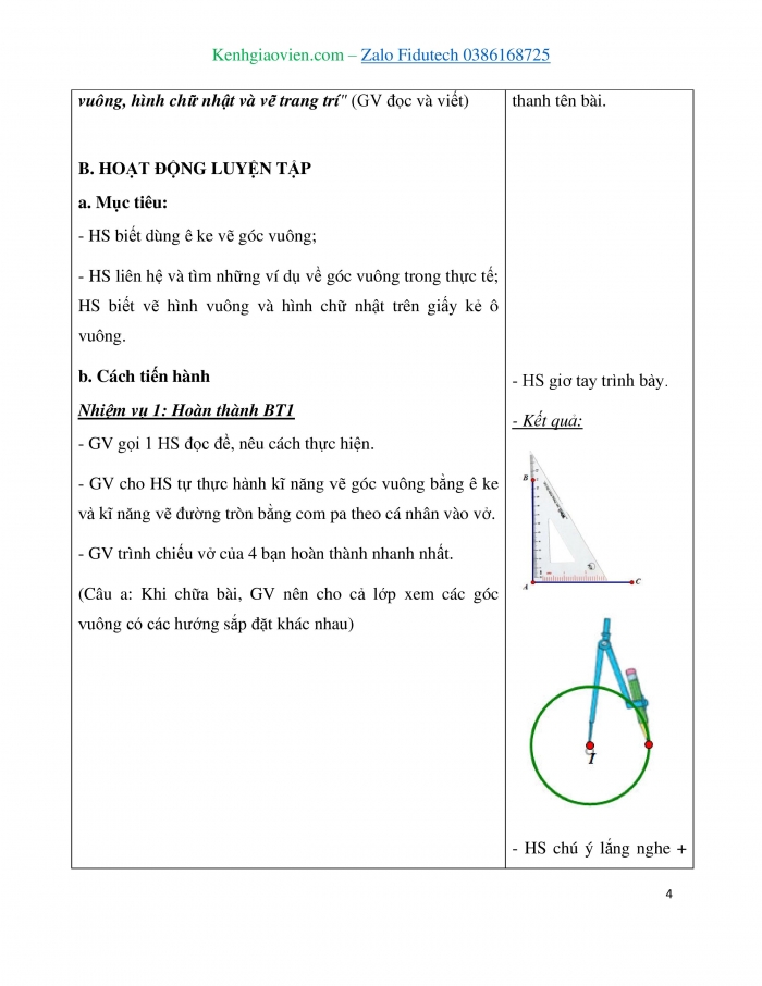 Giáo án và PPT Toán 3 kết nối Bài 20: Thực hành vẽ góc vuông, vẽ đường tròn, hình vuông, hình chữ nhật và vẽ trang trí