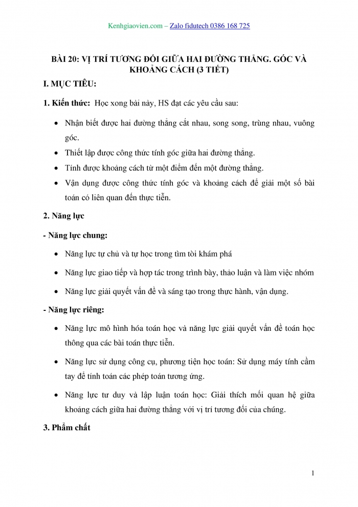 Giáo án và PPT Toán 10 kết nối Bài 20: Vị trí tương đối giữa hai đường thẳng. Góc và khoảng cách