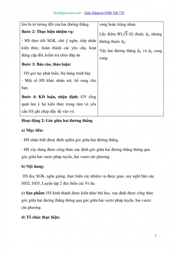 Giáo án và PPT Toán 10 kết nối Bài 20: Vị trí tương đối giữa hai đường thẳng. Góc và khoảng cách