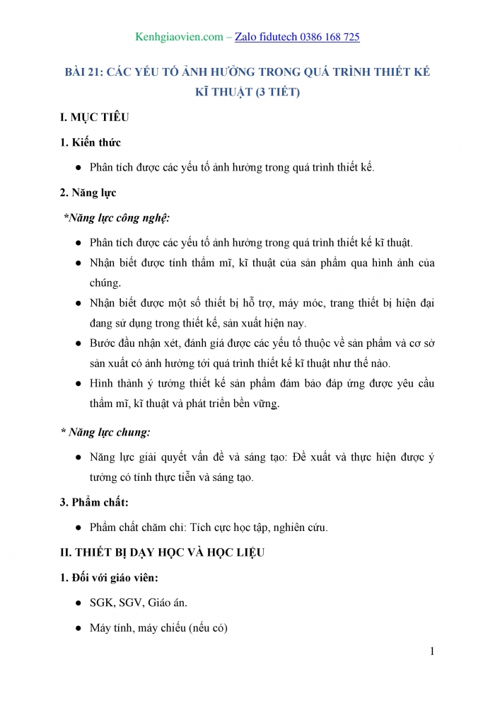 Giáo án và PPT Thiết kế và Công nghệ 10 cánh diều Bài 21: Các yếu tố ảnh hưởng trong quá trình thiết kế kĩ thuật
