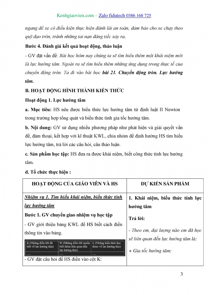 Giáo án và PPT Vật lí 10 chân trời Bài 21: Động lực học của chuyển động tròn. Lực hướng tâm