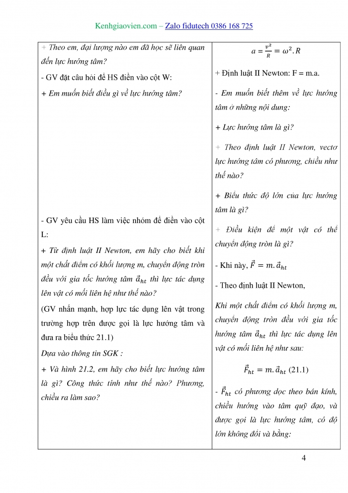 Giáo án và PPT Vật lí 10 chân trời Bài 21: Động lực học của chuyển động tròn. Lực hướng tâm